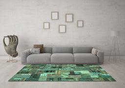Machine Washable Patchwork Turquoise Transitional Area Rugs in a Living Room,, wshcon337turq