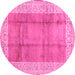 Round Machine Washable Abstract Pink Contemporary Rug, wshcon338pnk