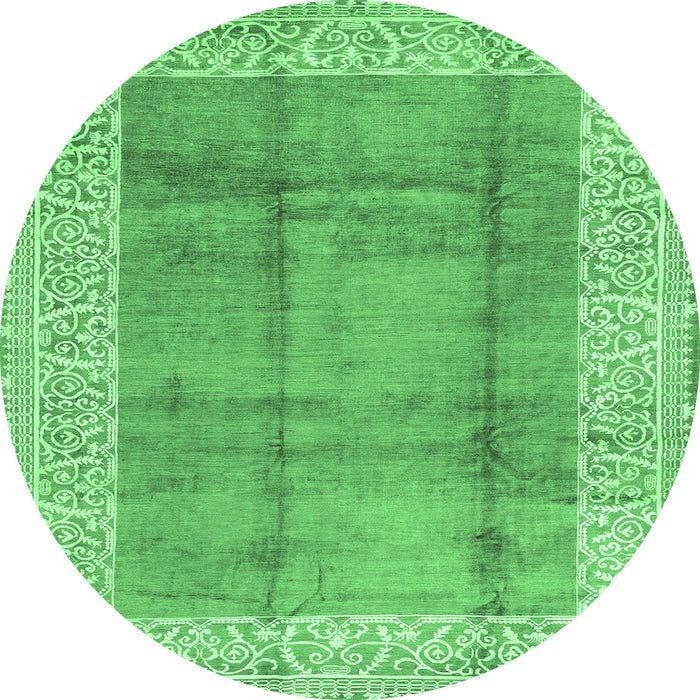 Round Machine Washable Abstract Emerald Green Contemporary Area Rugs, wshcon338emgrn