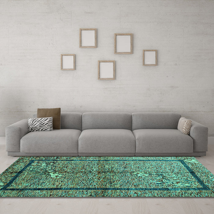 Machine Washable Abstract Turquoise Contemporary Area Rugs in a Living Room,, wshcon349turq