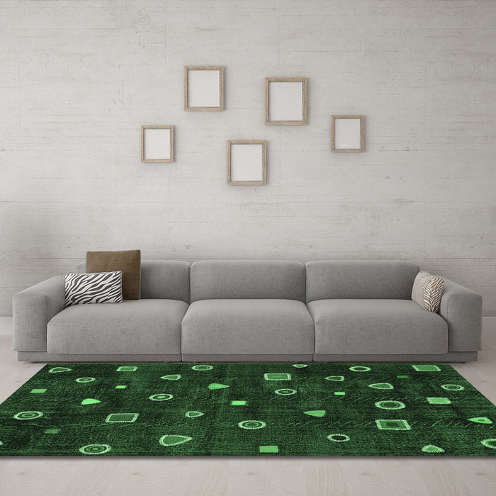 Machine Washable Abstract Emerald Green Contemporary Area Rugs in a Living Room,, wshcon350emgrn