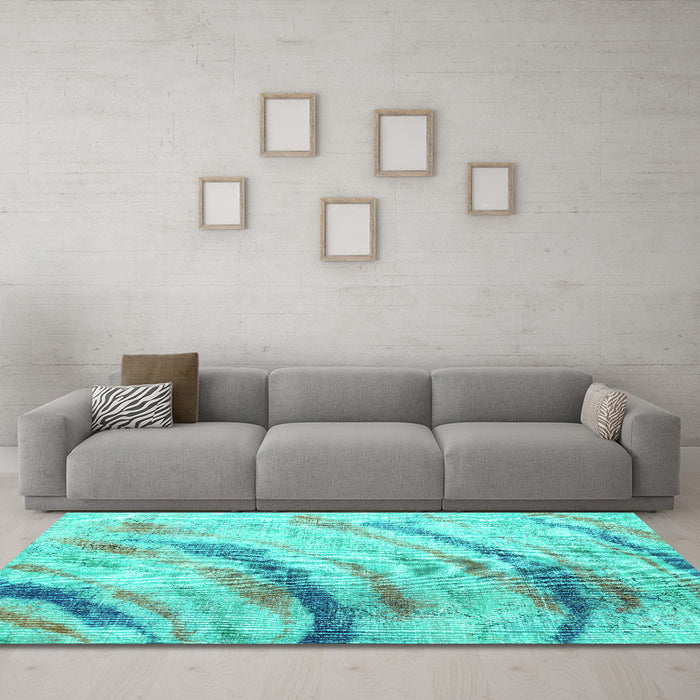 Machine Washable Abstract Turquoise Contemporary Area Rugs in a Living Room,, wshcon368turq
