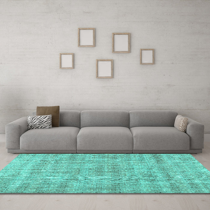 Machine Washable Abstract Turquoise Contemporary Area Rugs in a Living Room,, wshcon369turq