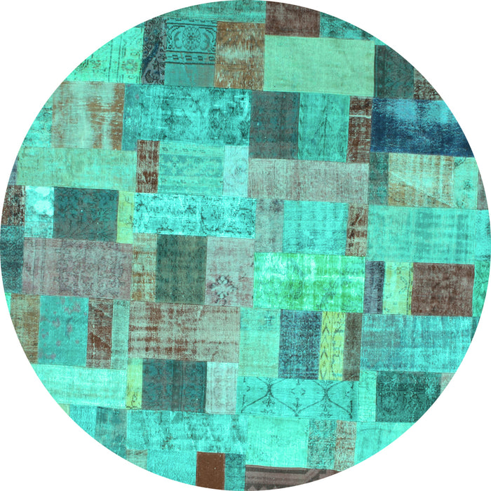 Round Machine Washable Patchwork Turquoise Transitional Area Rugs, wshcon370turq