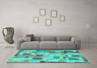 Machine Washable Patchwork Turquoise Transitional Rug, wshcon370turq