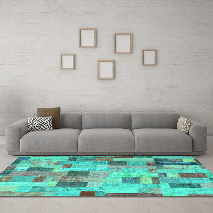 Machine Washable Patchwork Turquoise Transitional Area Rugs in a Living Room,, wshcon370turq