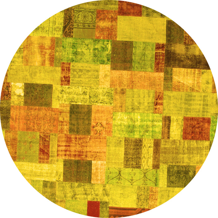 Round Machine Washable Patchwork Yellow Transitional Rug, wshcon370yw