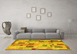 Machine Washable Patchwork Yellow Transitional Rug in a Living Room, wshcon370yw