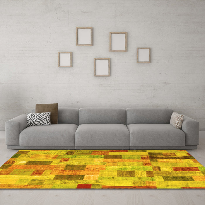 Machine Washable Patchwork Yellow Transitional Rug in a Living Room, wshcon370yw