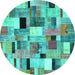 Round Machine Washable Patchwork Turquoise Transitional Area Rugs, wshcon371turq
