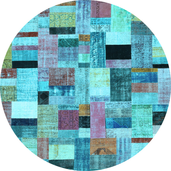 Round Machine Washable Patchwork Light Blue Transitional Rug, wshcon371lblu