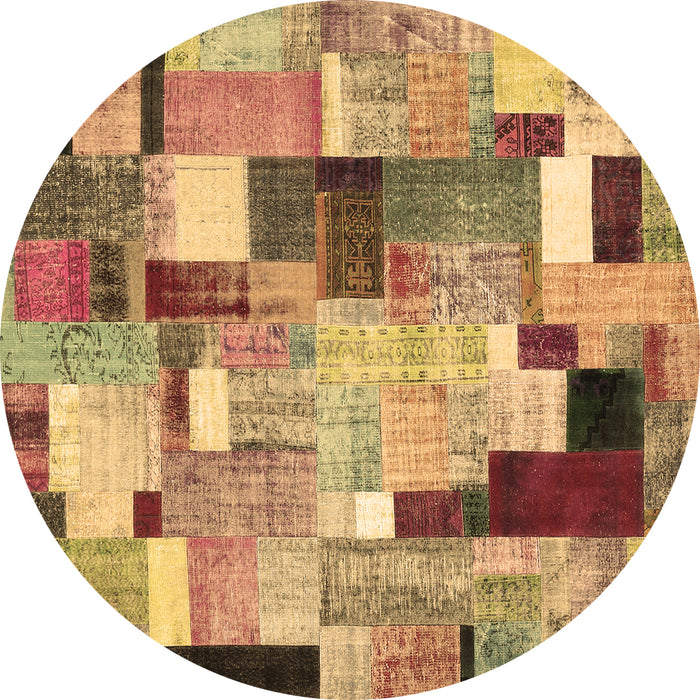 Round Machine Washable Patchwork Brown Transitional Rug, wshcon372brn