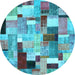 Round Machine Washable Patchwork Light Blue Transitional Rug, wshcon372lblu