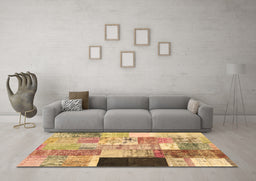 Machine Washable Patchwork Brown Transitional Rug in a Living Room,, wshcon373brn