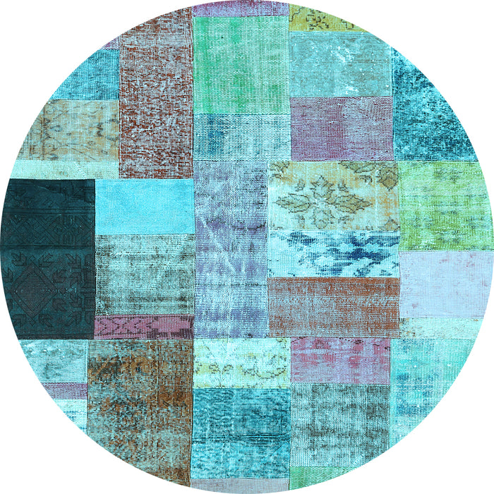 Round Machine Washable Patchwork Light Blue Transitional Rug, wshcon373lblu