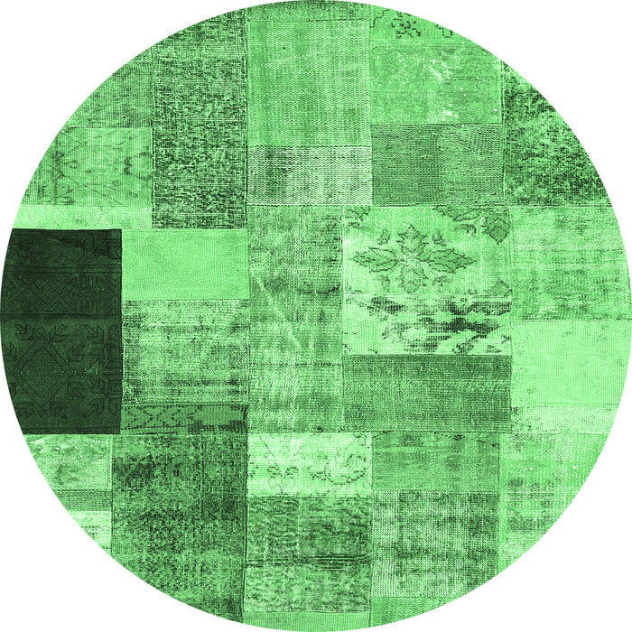 Round Machine Washable Patchwork Emerald Green Transitional Area Rugs, wshcon373emgrn