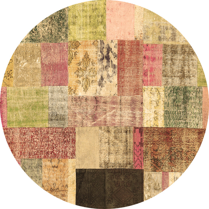 Round Machine Washable Patchwork Brown Transitional Rug, wshcon373brn