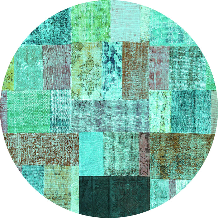 Round Machine Washable Patchwork Turquoise Transitional Area Rugs, wshcon373turq