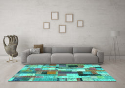 Machine Washable Patchwork Turquoise Transitional Area Rugs in a Living Room,, wshcon374turq