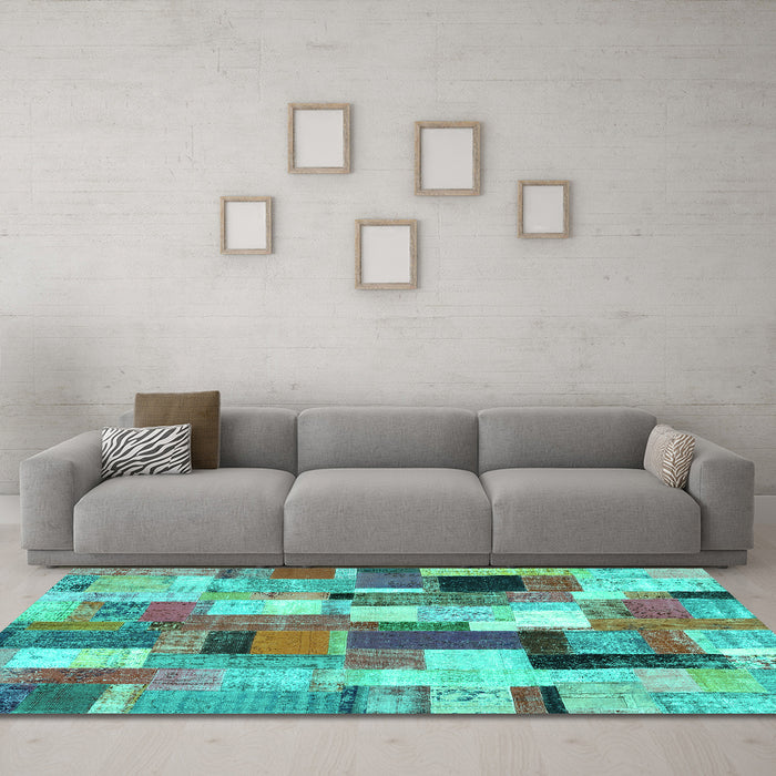 Machine Washable Patchwork Turquoise Transitional Area Rugs in a Living Room,, wshcon374turq