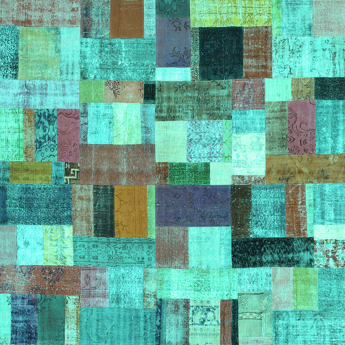 Square Machine Washable Patchwork Turquoise Transitional Area Rugs, wshcon374turq