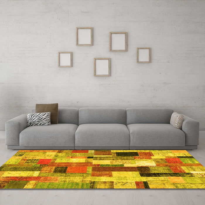 Machine Washable Patchwork Yellow Transitional Rug in a Living Room, wshcon374yw