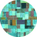 Round Machine Washable Patchwork Turquoise Transitional Area Rugs, wshcon374turq