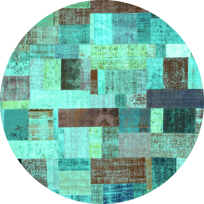 Round Machine Washable Patchwork Turquoise Transitional Area Rugs, wshcon375turq