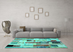 Machine Washable Patchwork Turquoise Transitional Area Rugs in a Living Room,, wshcon375turq