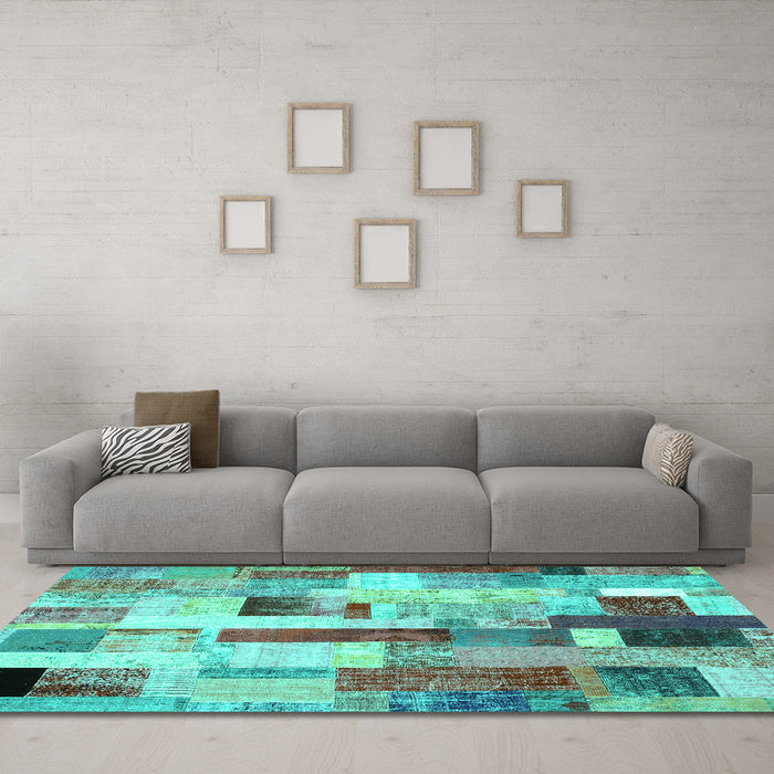 Machine Washable Patchwork Turquoise Transitional Area Rugs in a Living Room,, wshcon375turq