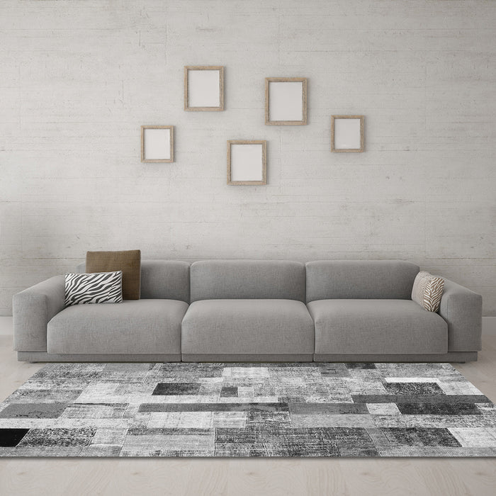 Machine Washable Patchwork Gray Transitional Rug in a Living Room,, wshcon375gry