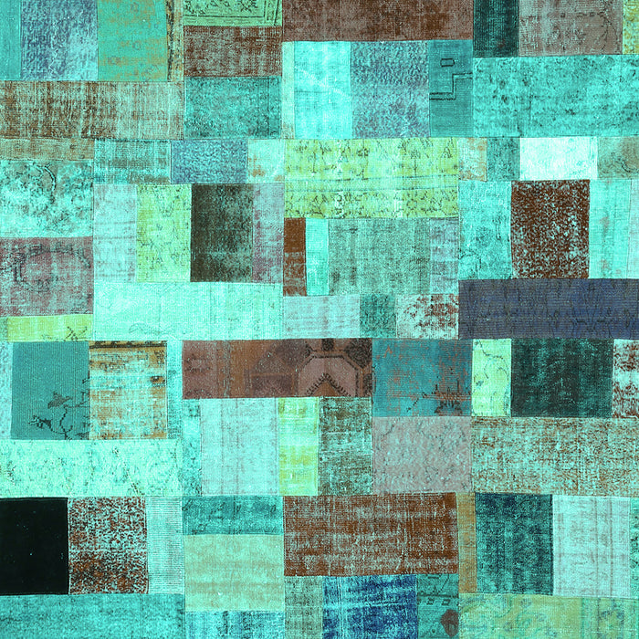 Square Machine Washable Patchwork Turquoise Transitional Area Rugs, wshcon375turq