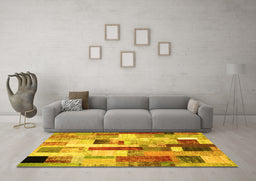 Machine Washable Patchwork Yellow Transitional Rug in a Living Room, wshcon375yw