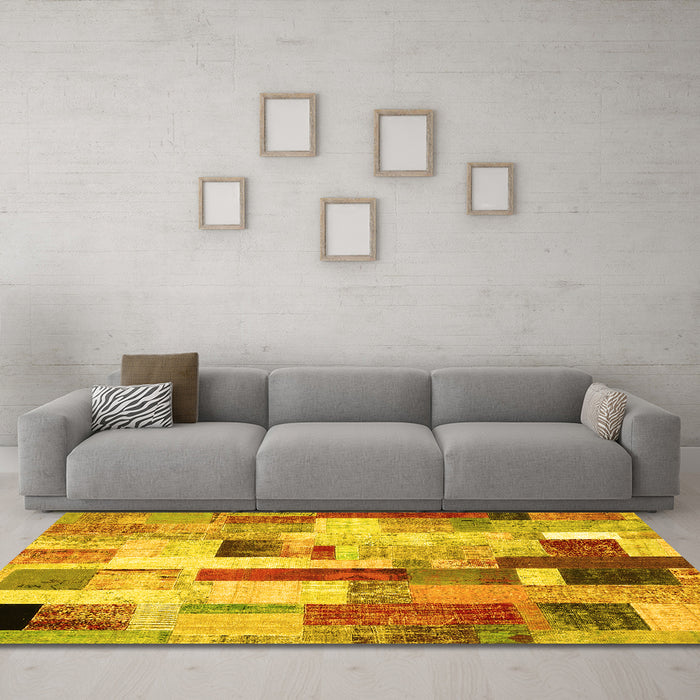 Machine Washable Patchwork Yellow Transitional Rug in a Living Room, wshcon375yw
