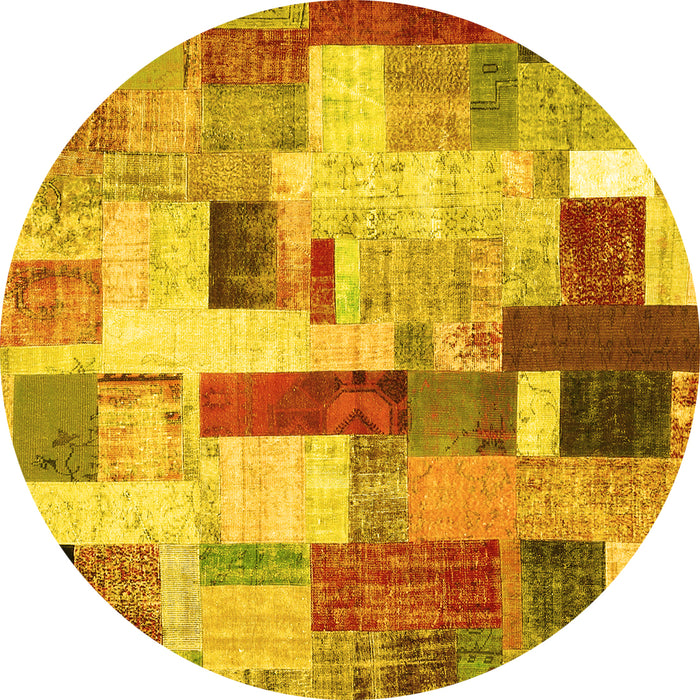 Round Machine Washable Patchwork Yellow Transitional Rug, wshcon375yw