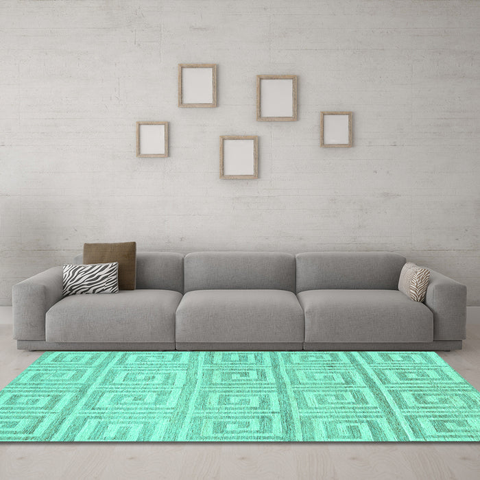 Machine Washable Abstract Turquoise Contemporary Area Rugs in a Living Room,, wshcon383turq