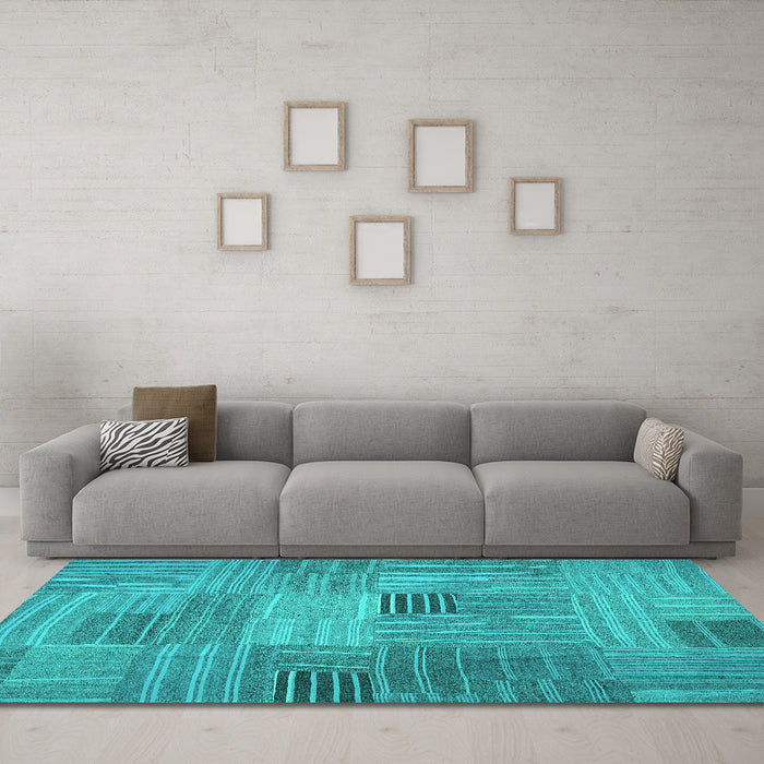 Machine Washable Abstract Turquoise Contemporary Area Rugs in a Living Room,, wshcon388turq
