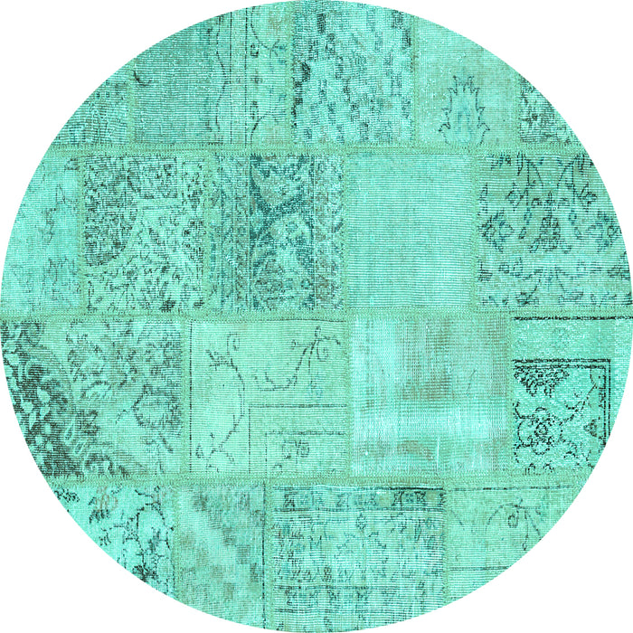Round Machine Washable Patchwork Turquoise Transitional Area Rugs, wshcon397turq