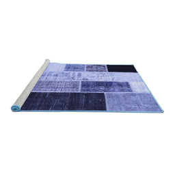 Sideview of Machine Washable Patchwork Blue Transitional Rug, wshcon404blu