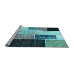 Sideview of Machine Washable Patchwork Light Blue Transitional Rug, wshcon404lblu