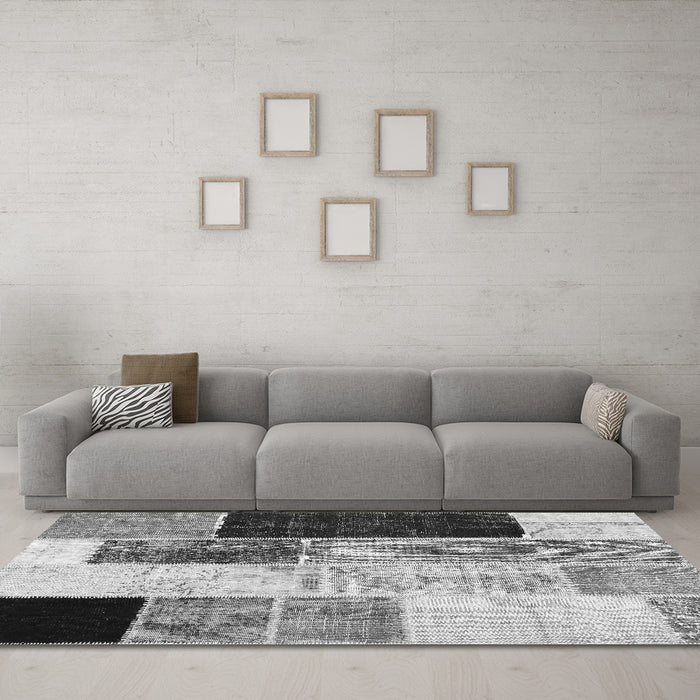 Machine Washable Patchwork Gray Transitional Rug in a Living Room,, wshcon404gry