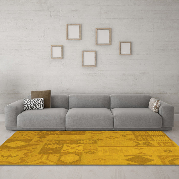 Machine Washable Patchwork Yellow Transitional Rug in a Living Room, wshcon433yw