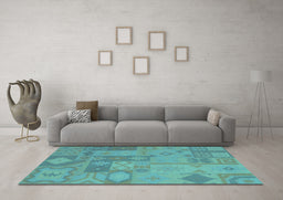 Machine Washable Patchwork Turquoise Transitional Area Rugs in a Living Room,, wshcon433turq