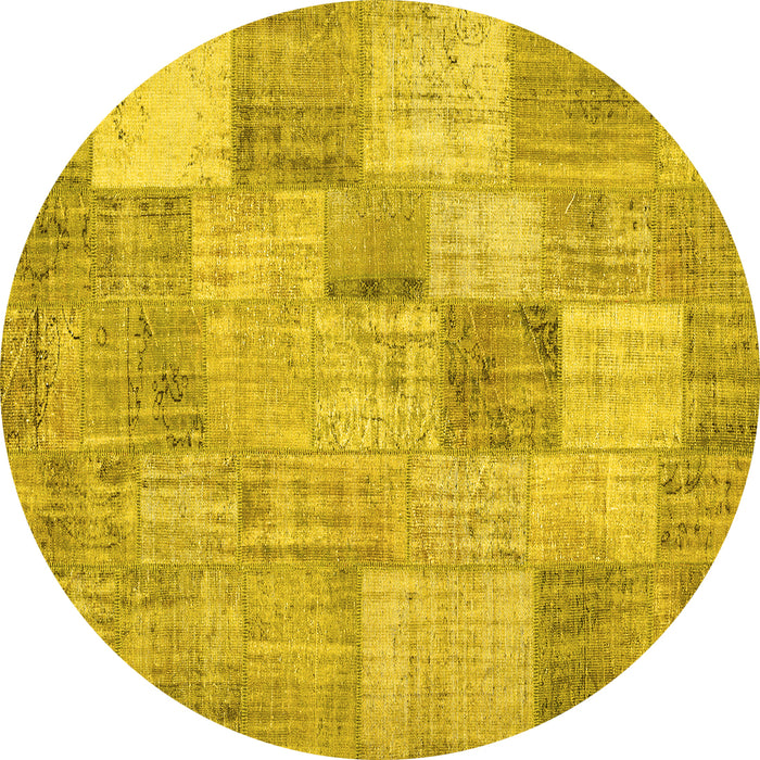 Round Machine Washable Patchwork Yellow Transitional Rug, wshcon434yw