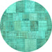 Round Machine Washable Patchwork Turquoise Transitional Area Rugs, wshcon434turq