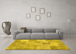Machine Washable Patchwork Yellow Transitional Rug in a Living Room, wshcon434yw