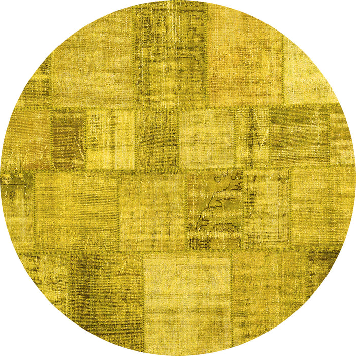 Round Machine Washable Patchwork Yellow Transitional Rug, wshcon435yw