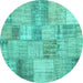 Round Machine Washable Patchwork Turquoise Transitional Area Rugs, wshcon435turq