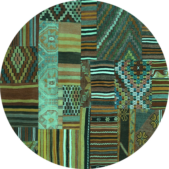 Round Machine Washable Patchwork Turquoise Transitional Area Rugs, wshcon437turq