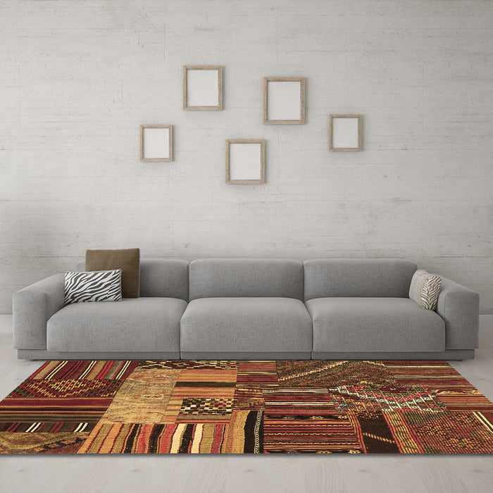 Machine Washable Patchwork Brown Transitional Rug in a Living Room,, wshcon437brn